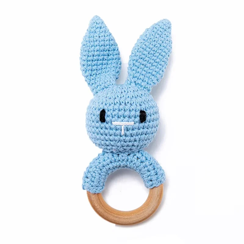 Natural Wooden Baby Teether Rattle – Handmade Crochet Bunny Toy