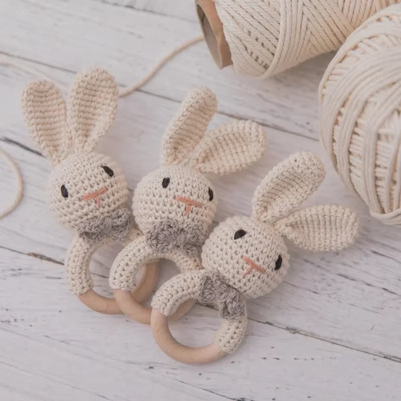 Natural Wooden Baby Teether Rattle – Handmade Crochet Bunny Toy