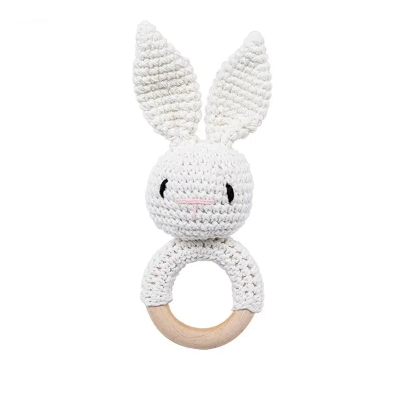 Natural Wooden Baby Teether Rattle – Handmade Crochet Bunny Toy