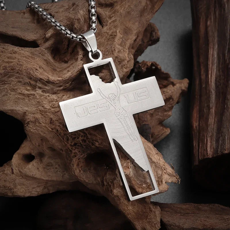Faith Engraved Stainless Steel Cross Pendant Necklace