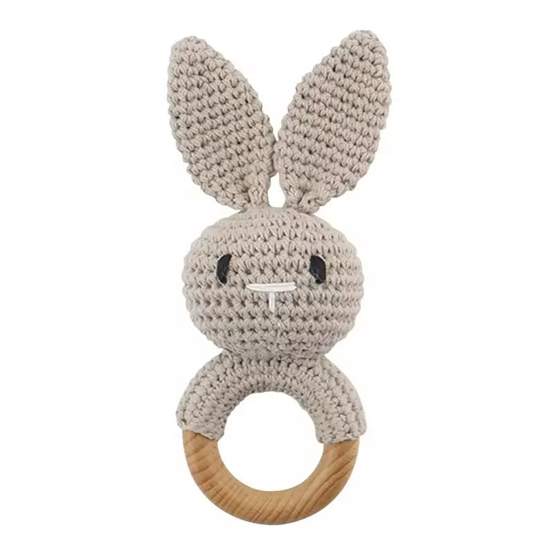 Natural Wooden Baby Teether Rattle – Handmade Crochet Bunny Toy