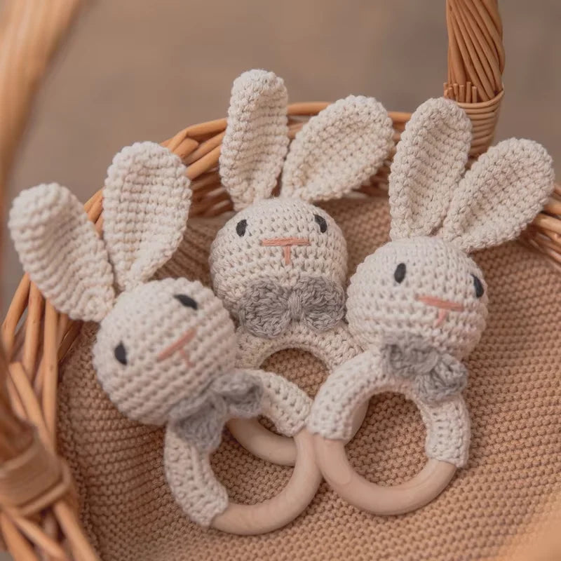 Natural Wooden Baby Teether Rattle – Handmade Crochet Bunny Toy