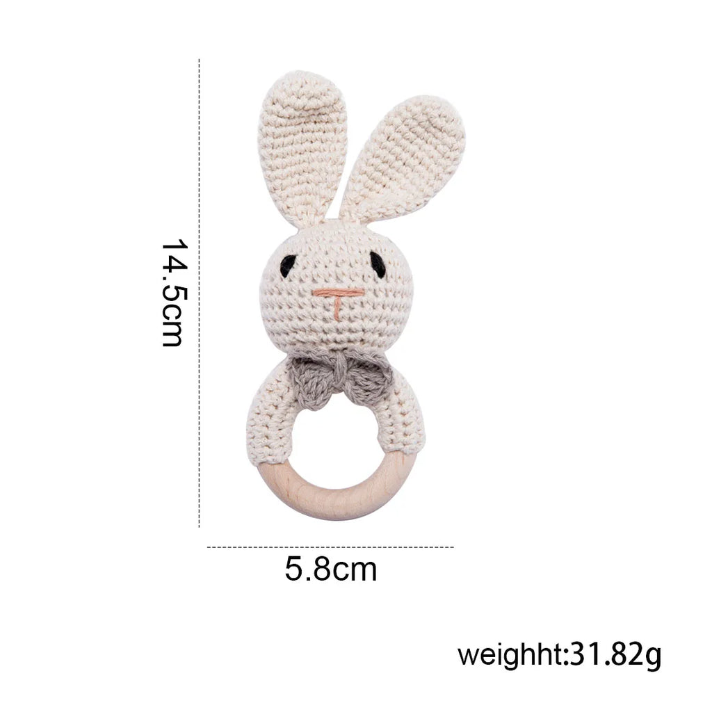 Natural Wooden Baby Teether Rattle – Handmade Crochet Bunny Toy