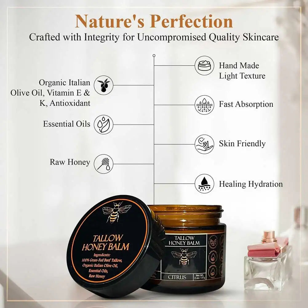 Grass-Fed Tallow & Raw Honey Balm – All-Natural Moisturizing Cream