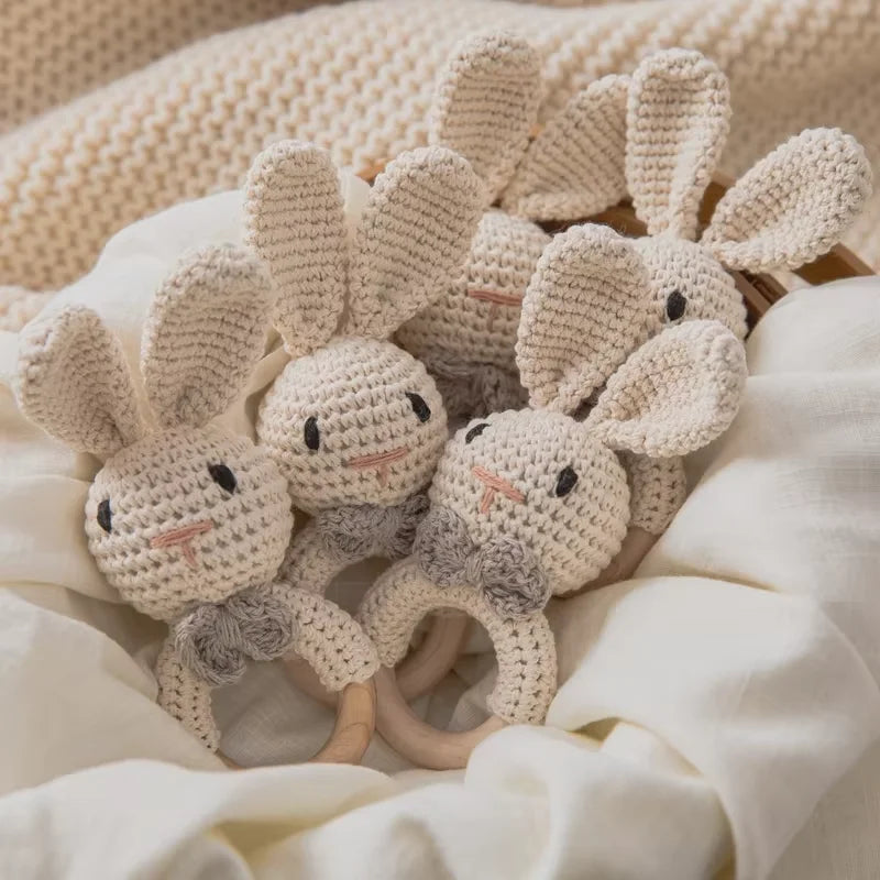 Natural Wooden Baby Teether Rattle – Handmade Crochet Bunny Toy