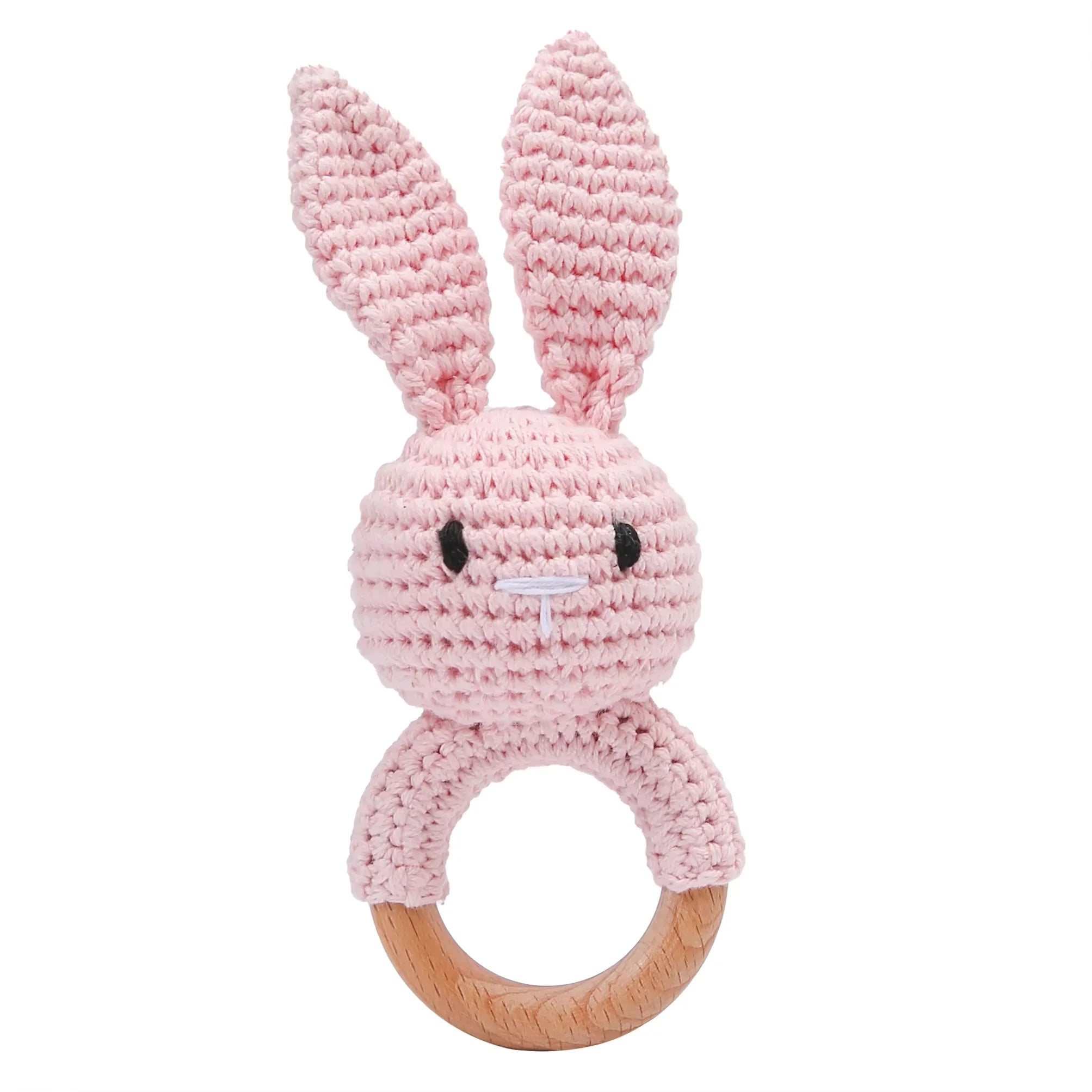 Natural Wooden Baby Teether Rattle – Handmade Crochet Bunny Toy