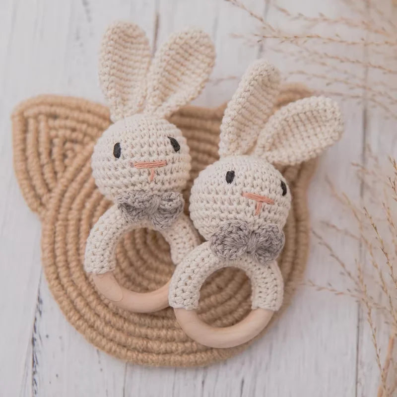 Natural Wooden Baby Teether Rattle – Handmade Crochet Bunny Toy