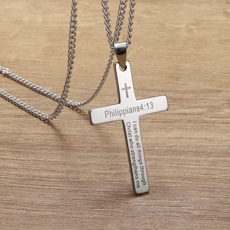 Faith Engraved Stainless Steel Cross Pendant Necklace