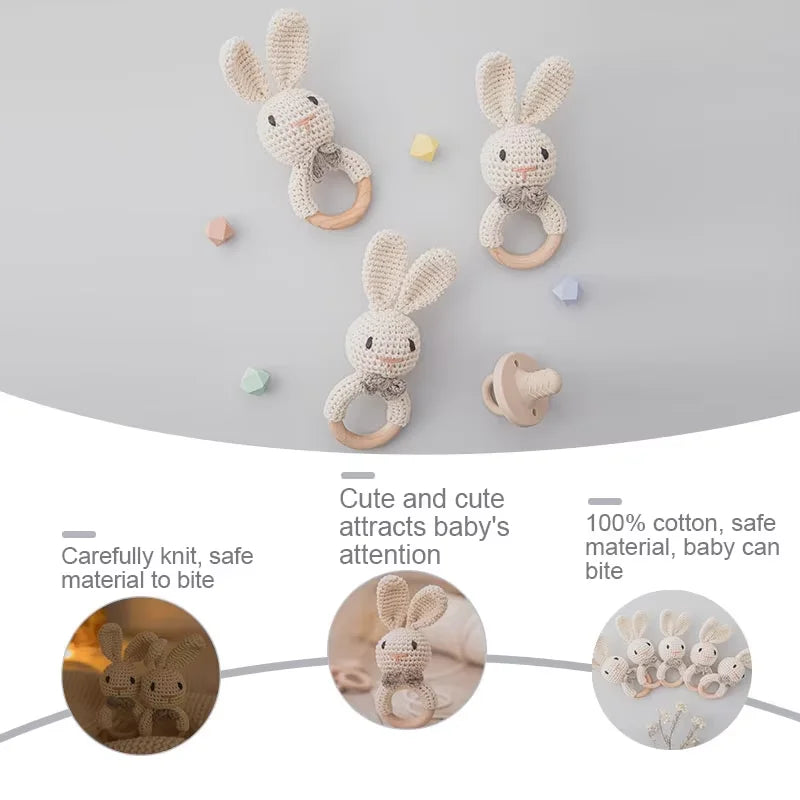 Natural Wooden Baby Teether Rattle – Handmade Crochet Bunny Toy