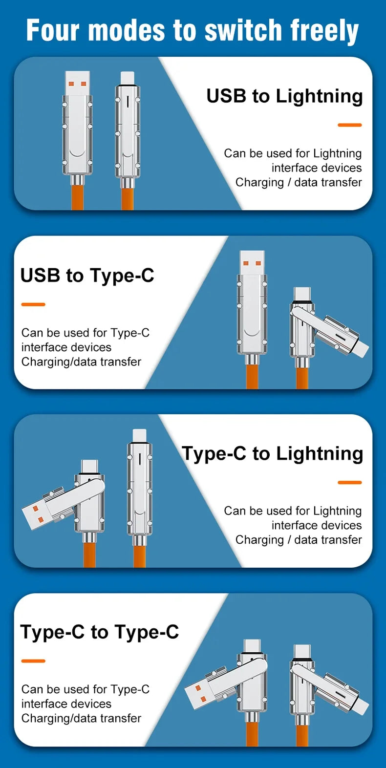 VoltFlex™ 4-in-1 PD Fast Charging Cable – 120W USB-C + iOS